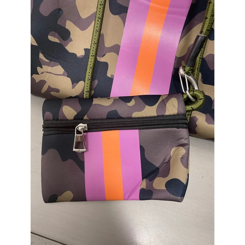 Camo Neoprene Tote Bag Carry On, Travel Gym Bag Pink Orange with Pouch Large
